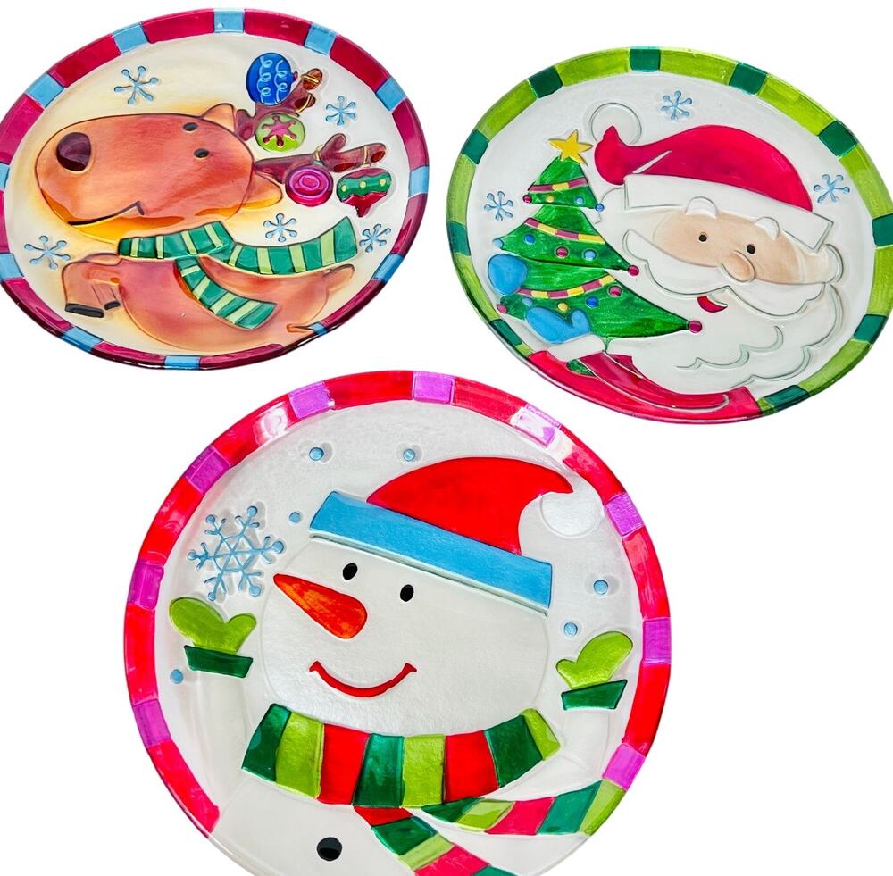 Christmas Holiday Hand Painted Glass Plates Lot of 3 Snowman Santa Reindeer 11"